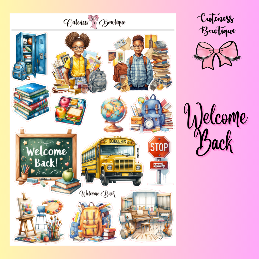 The Cuteness Journaling  Sticker Sheet | Cuteness Planner Stickers for Agendas, Planners, Notebooks, Dividers | WELCOME BACK