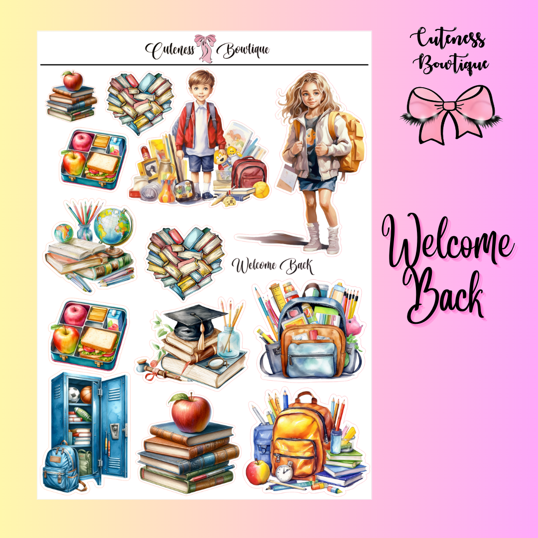 The Cuteness Journaling  Sticker Sheet | Cuteness Planner Stickers for Agendas, Planners, Notebooks, Dividers | WELCOME BACK