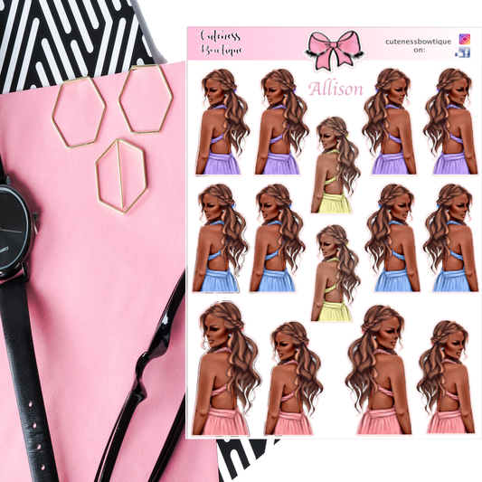 The Cuteness COLOR ME  Doll Collection Sticker Sheet | Cuteness Planner Stickers for Agendas, Planners, Notebooks, Dividers | ALLISON