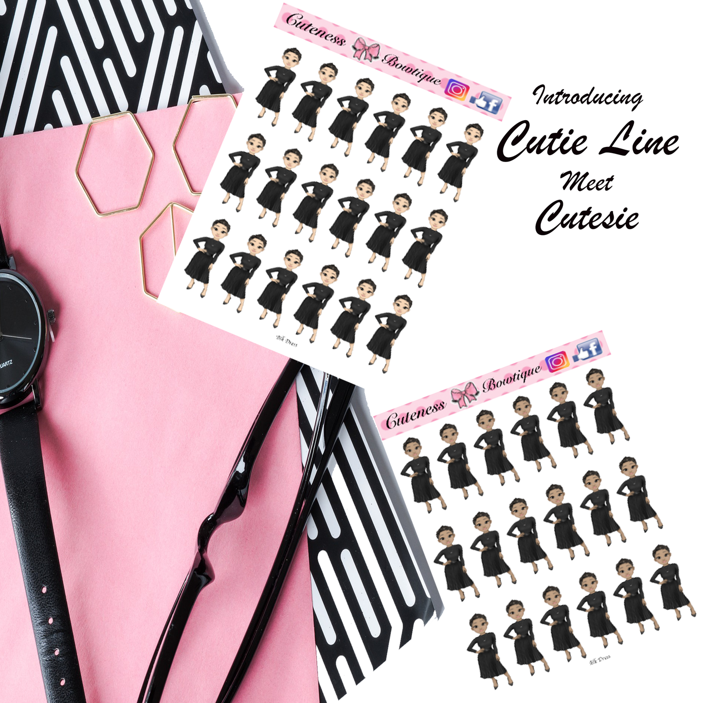 The Cutie Line Icon Sticker Sheet | Cuteness Planner Stickers for Agendas, Planners, Notebooks, Dividers |  BLK DRESS