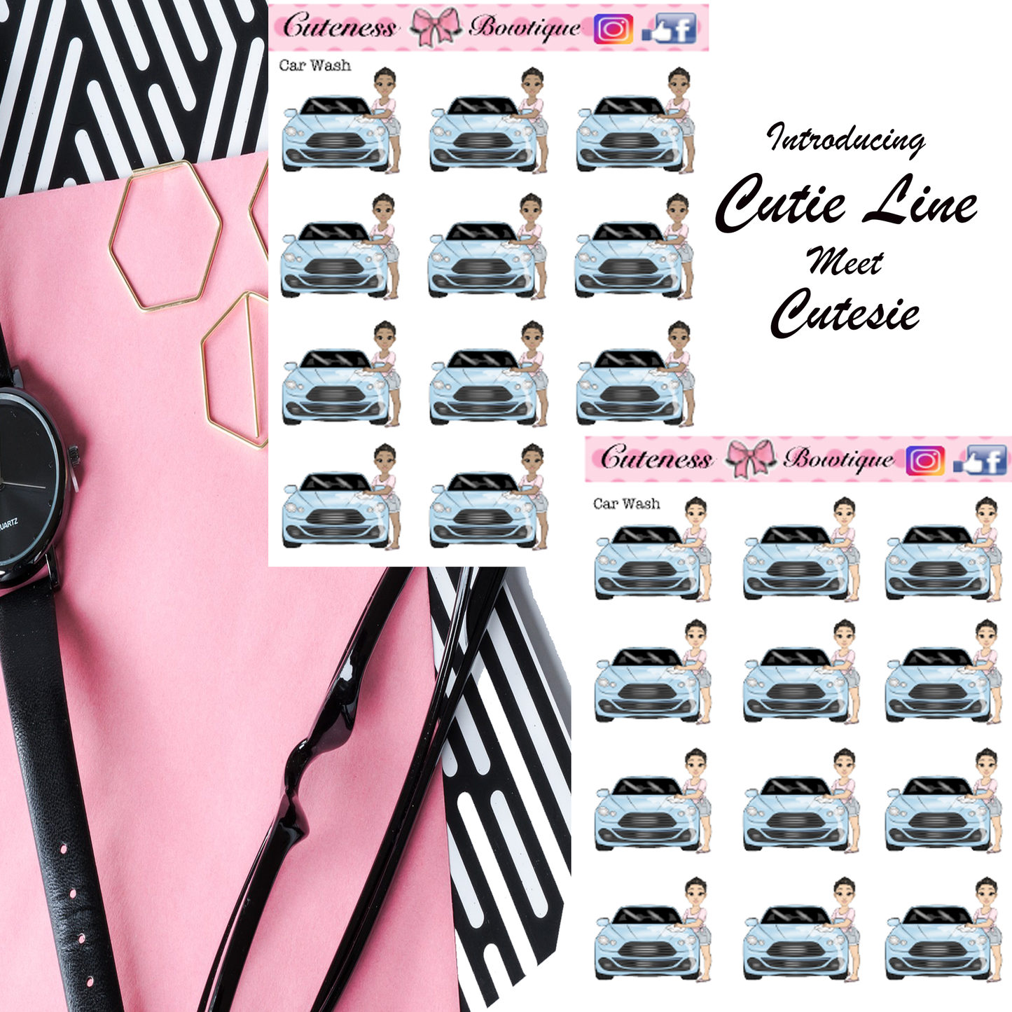 The Cutie Line Icon Sticker Sheet | Cuteness Planner Stickers for Agendas, Planners, Notebooks, Dividers |  CUTESIE CAR WASH