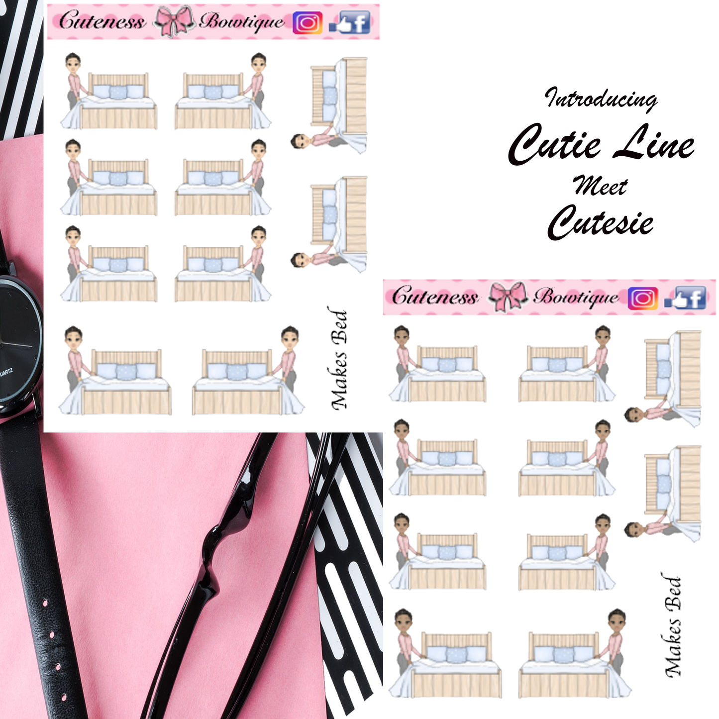The Cutie Line Icon Sticker Sheet | Cuteness Planner Stickers for Agendas, Planners, Notebooks, Dividers |  CUTESIE MAKES BED